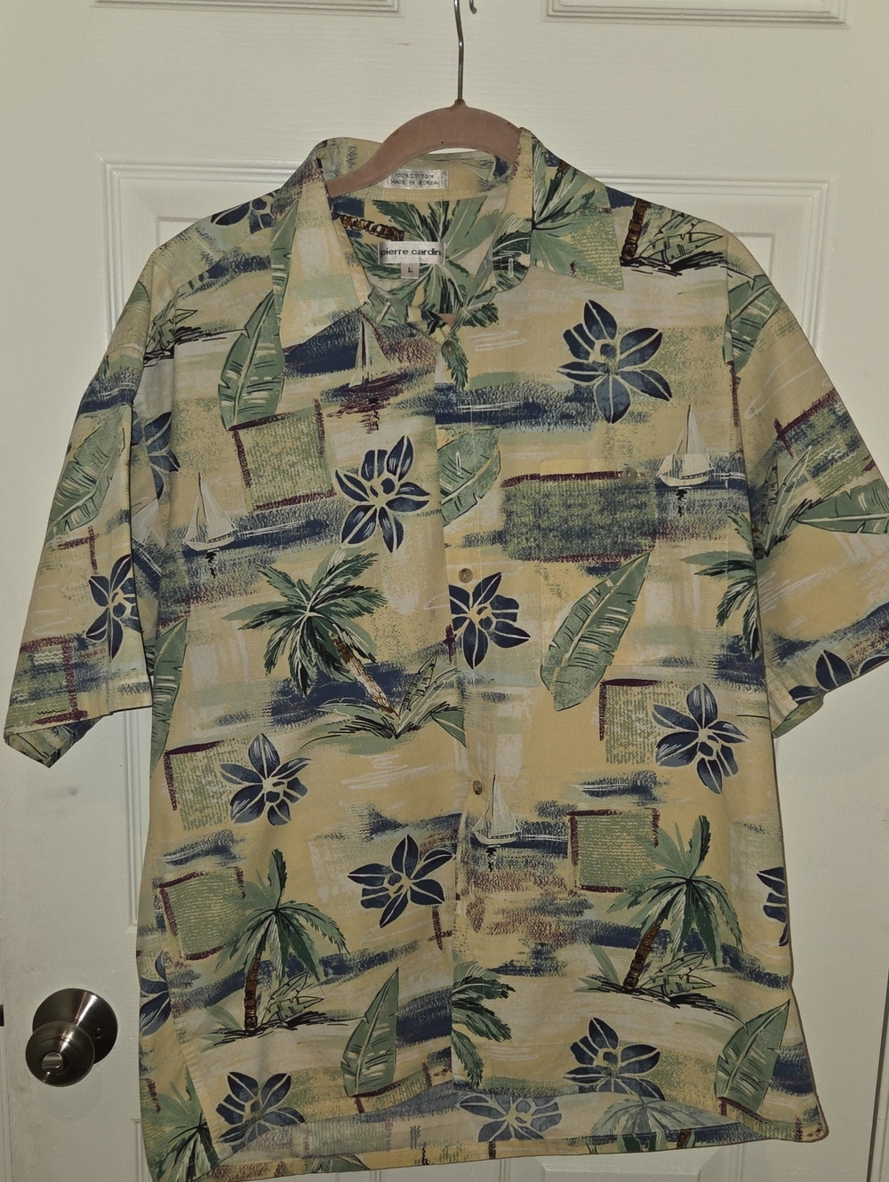 Pierre Cardin Beige, Green & Navy Tropical Camp Shirt 100% Cotton- Men